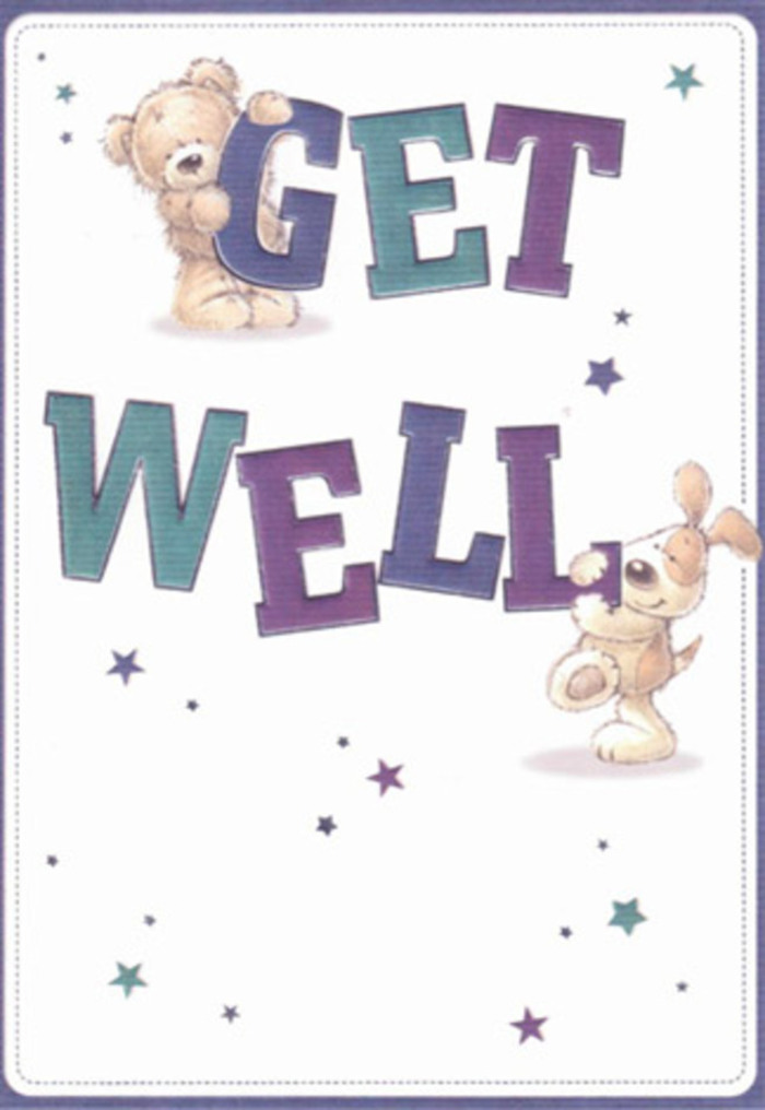 An atmosphere of gentle encouragement infuses this illustrated get well card, evoking the reassuring touch of a West Wickham florist preparing a bunch of fresh-cut blooms on a tranquil morning. The artwork features a delightfully fluffy bear and an animated puppy, their innocent companionship bringing to mind the friendly exchanges around the high street. Their forms are rendered in warm creams and golden browns, highlighted by oversized 'Get Well' lettering in joyful aquas and purples. This confident typography grounds the design, while a scattering of stars in shimmering blue and violet floats above, as if sending wishes through air clear as the skies across Hayes Common. There's a tactile allure to the characters-the bear's fur nearly tangible, the puppy's velvety ears inviting a gentle touch. Each brushstroke feels intentional, mirroring the careful placement of each stem in a hand-tied bouquet from Florist West Wickham. The background's creamy white glow evokes a sense of freshness and clarity, underscoring the card's message of support. When paired with flowers for delivery across West Wickham, this greeting becomes a layered expression of hope and comfort, sure to lift the spirits of any neighbor or loved one.